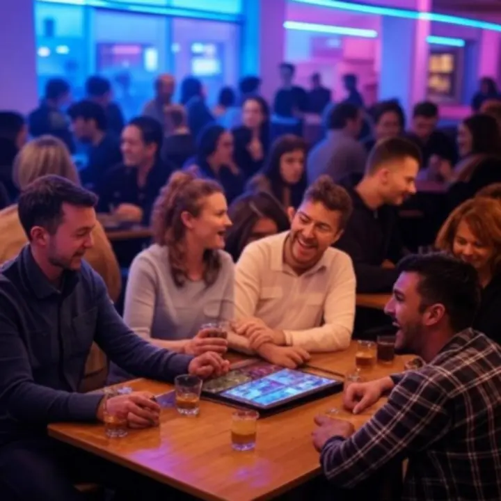 Wieczorna, tętniąca życiem scena w gaming barze z graczami przy stołach i konsolach.