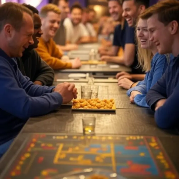 Grupa znajomych śmiejących się przy stole z grami w barze gamingowym.