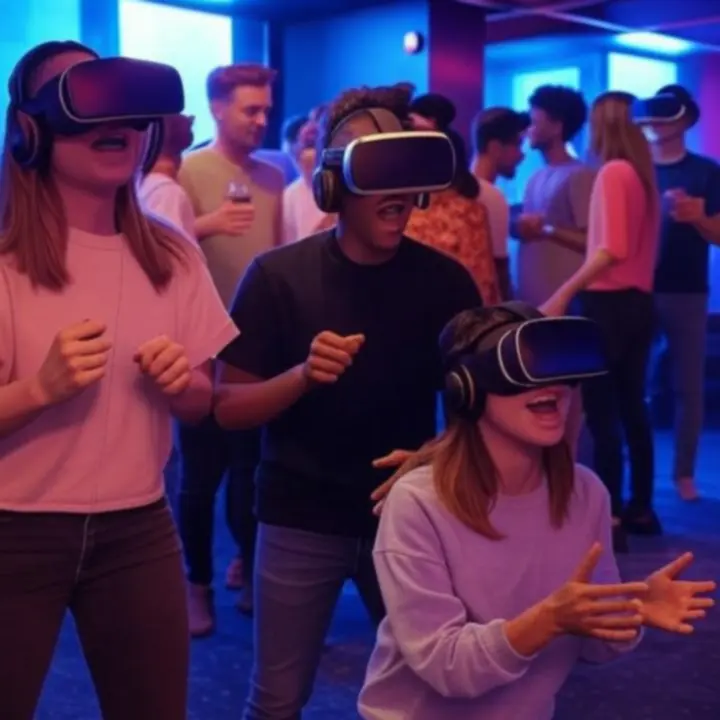 Grupa graczy w goglach VR bawiąca się wspólnie w gaming barze.