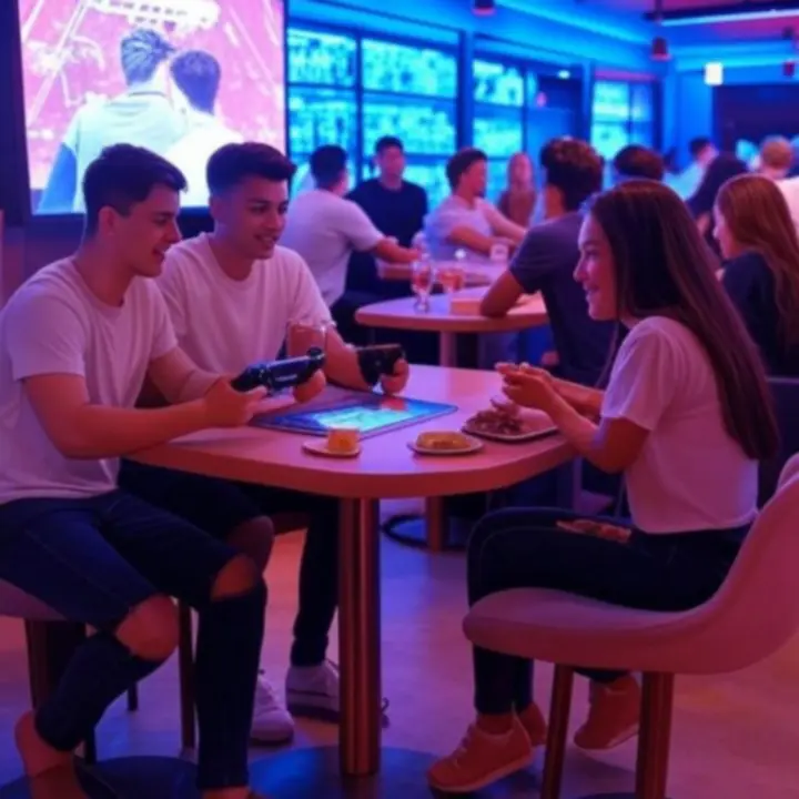 Neonowy bar gamingowy pełen graczy