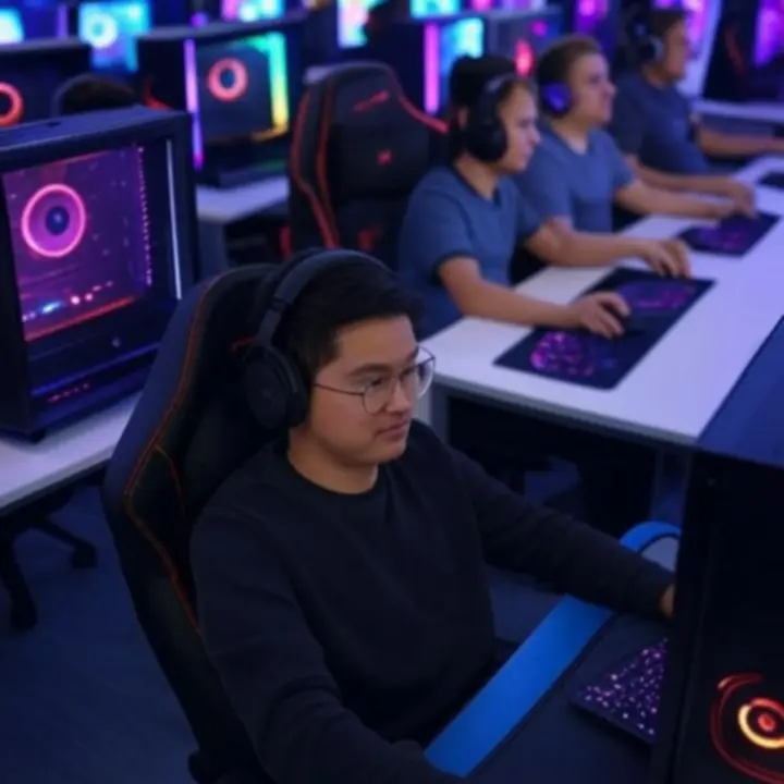 Sala PC gamingowa z podświetlanymi komputerami i graczami przy stanowiskach